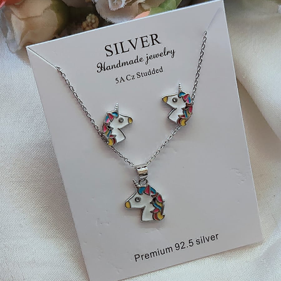 White Enamel Unicorn Pendant Set